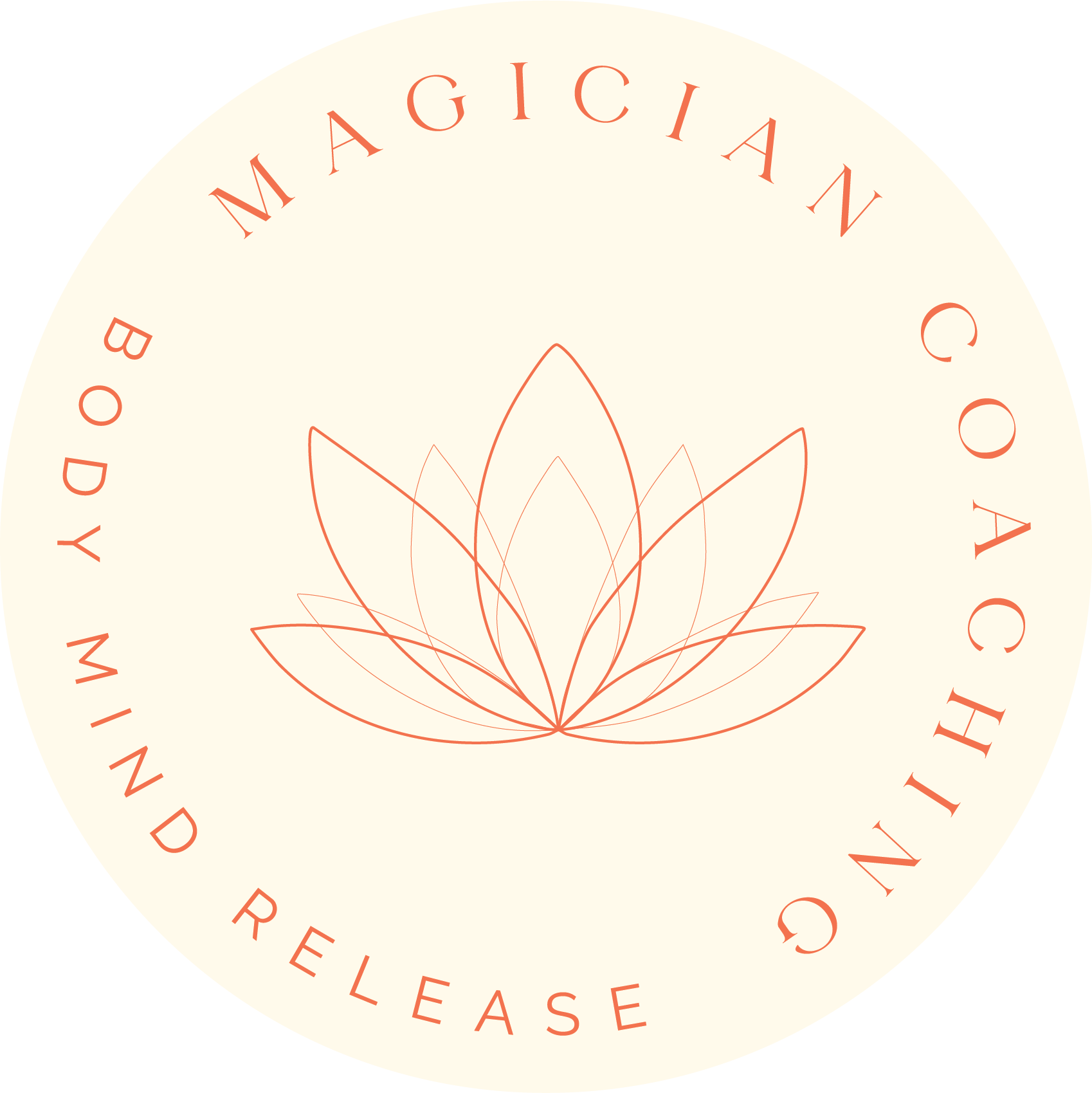 Cirkel logo van Magician Coaching. Beige cirkel met tekst: magician coaching body mind release in het koraal met in het midden een lijntekening van een lotusbloem